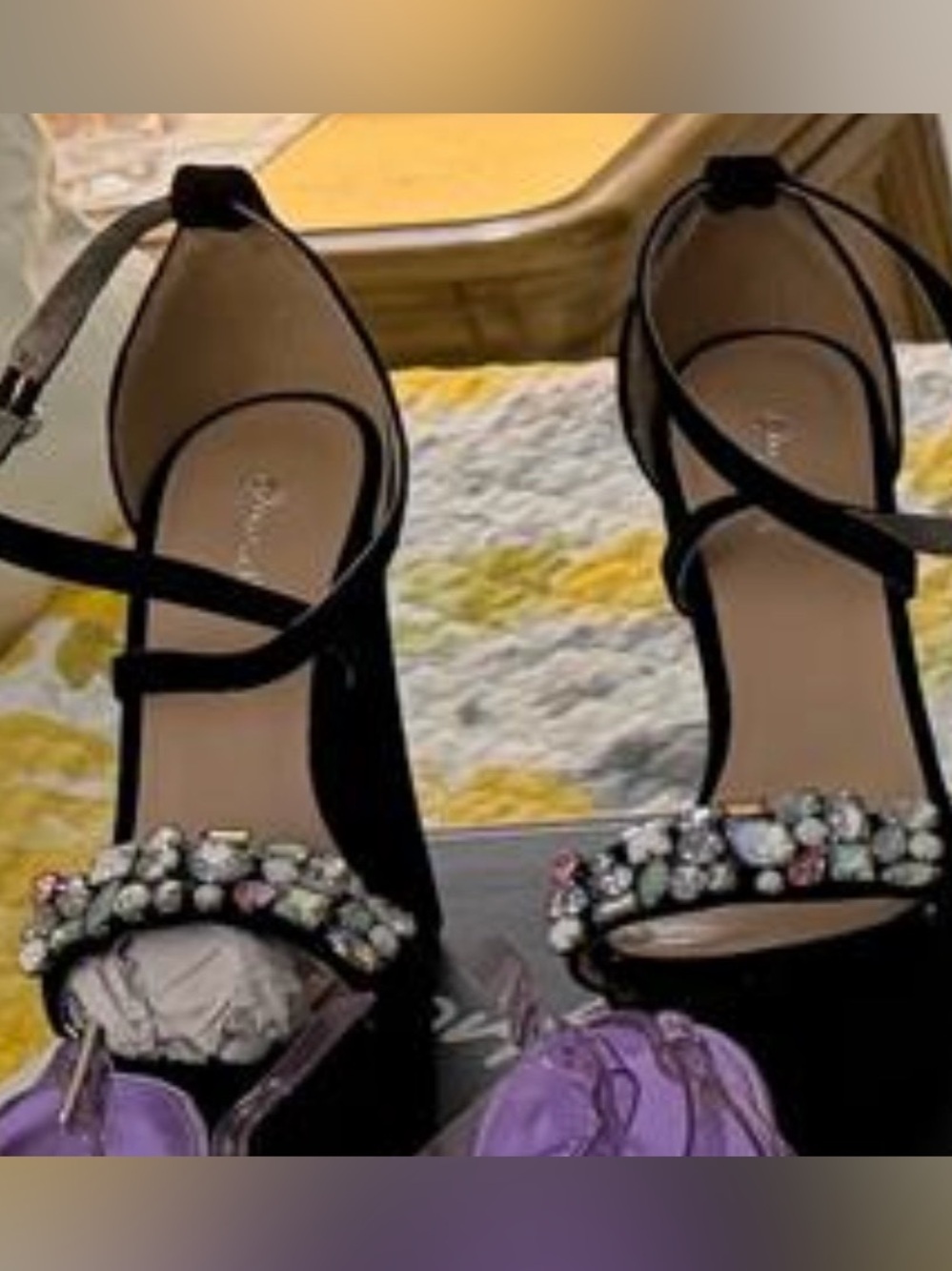 Multiples Black Jeweled Ankle-Strap Heels